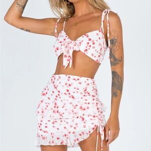 Princess Polly White & Red Floral Tie-Front Crop Top with Ruffle Skirt Set